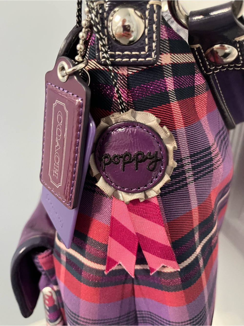 Coach Poppy Tartan Plaid Crossbody Hobo Purple Hangtags #16120 Silver Y2K - Picture 7 of 17